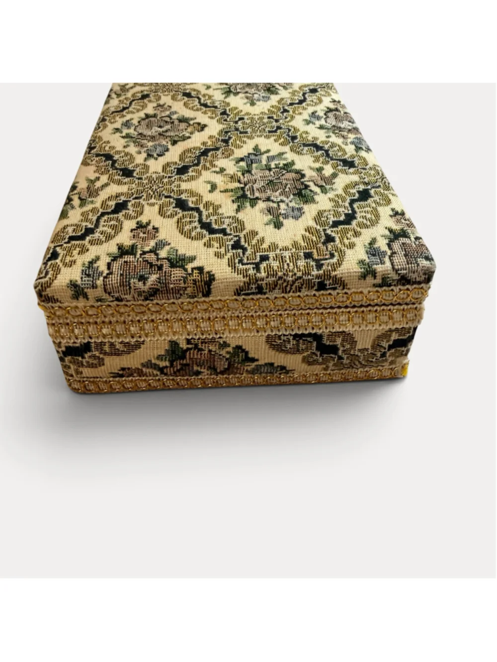 Vintage Floral Tapestry Jewelry Box Red Velvet Interior Mirror Gold Trim
